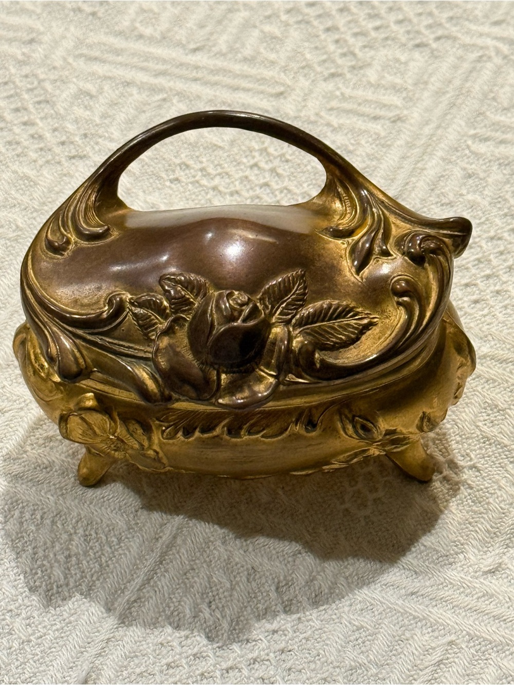 Vintage Antique Brainard & Wilson Art Nouveau Gold Gilt Rose Jewelry Casket